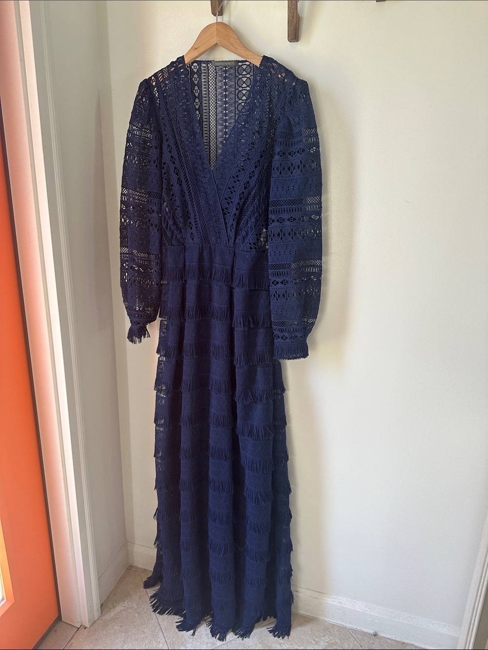 Alberta Ferretti Navy Lace Long-Sleeve Maxi Dress